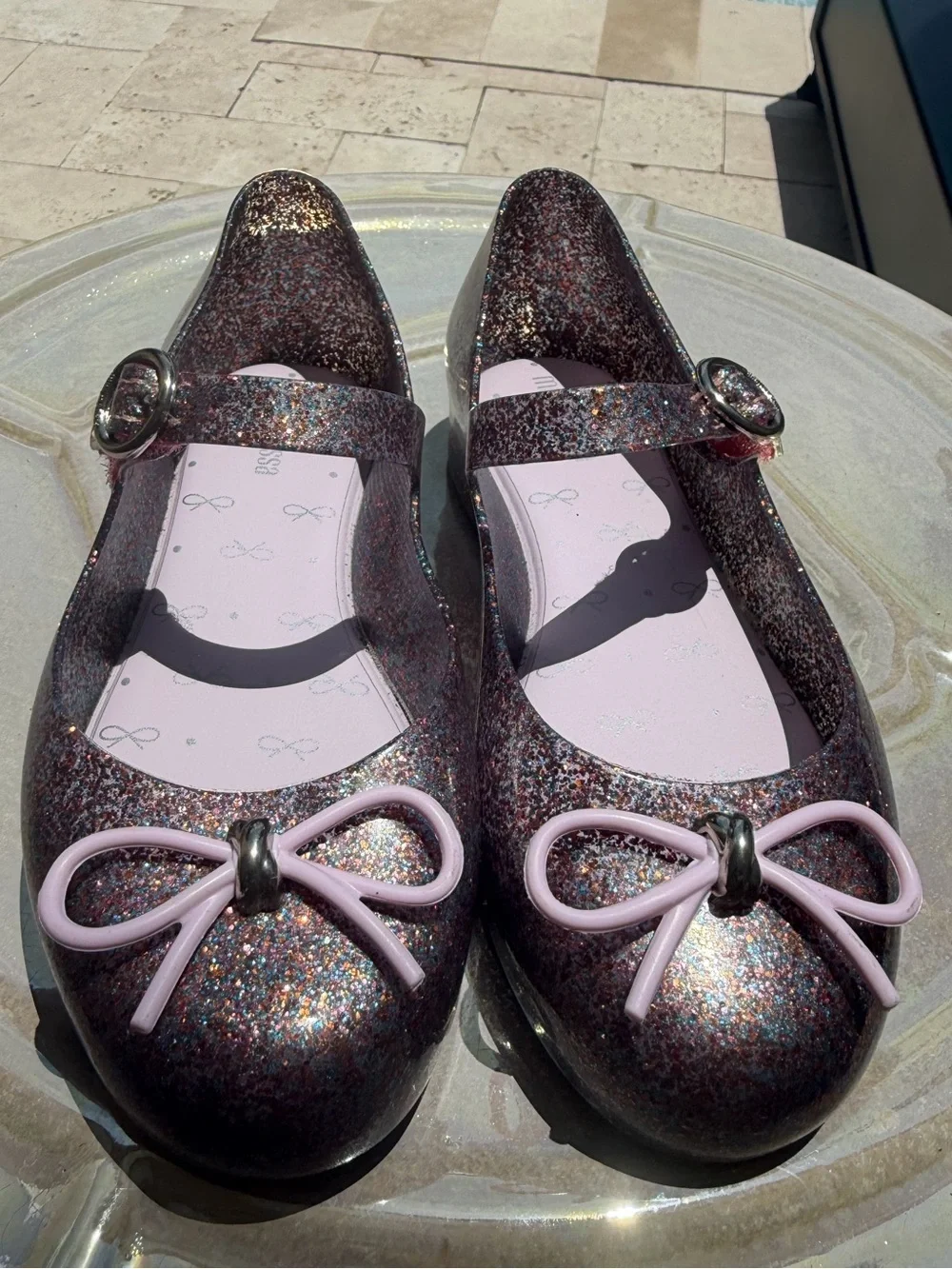 Mini Melissa Girls' Glitter Mary Jane Ballet Flats with Pink Bow girl size 12